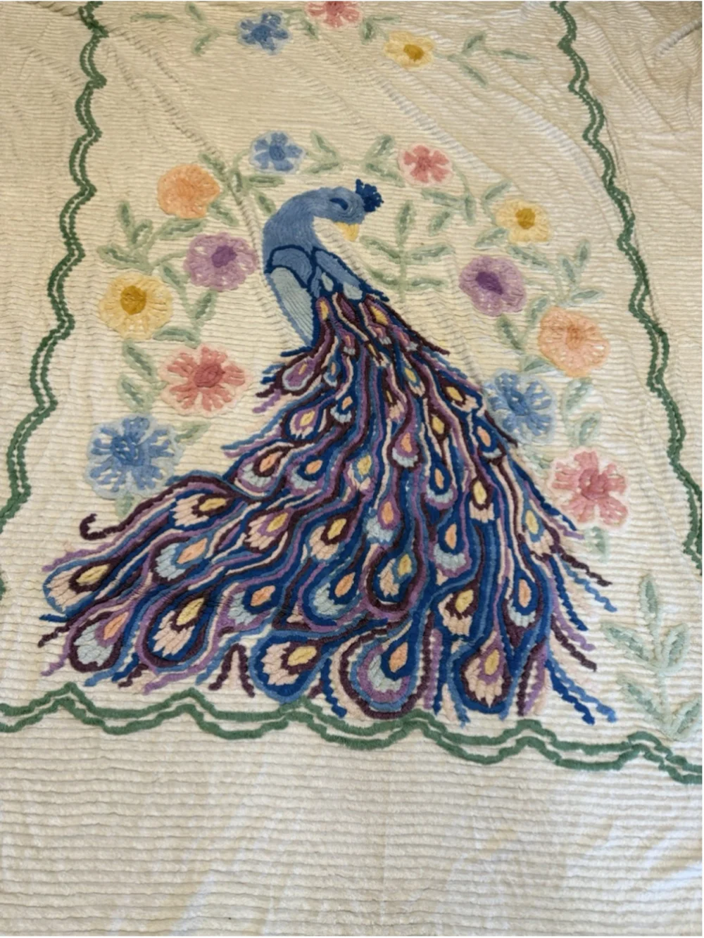 Vintage Peacock Chenille Queen/King Bedspread Blanket 85x100 Inches